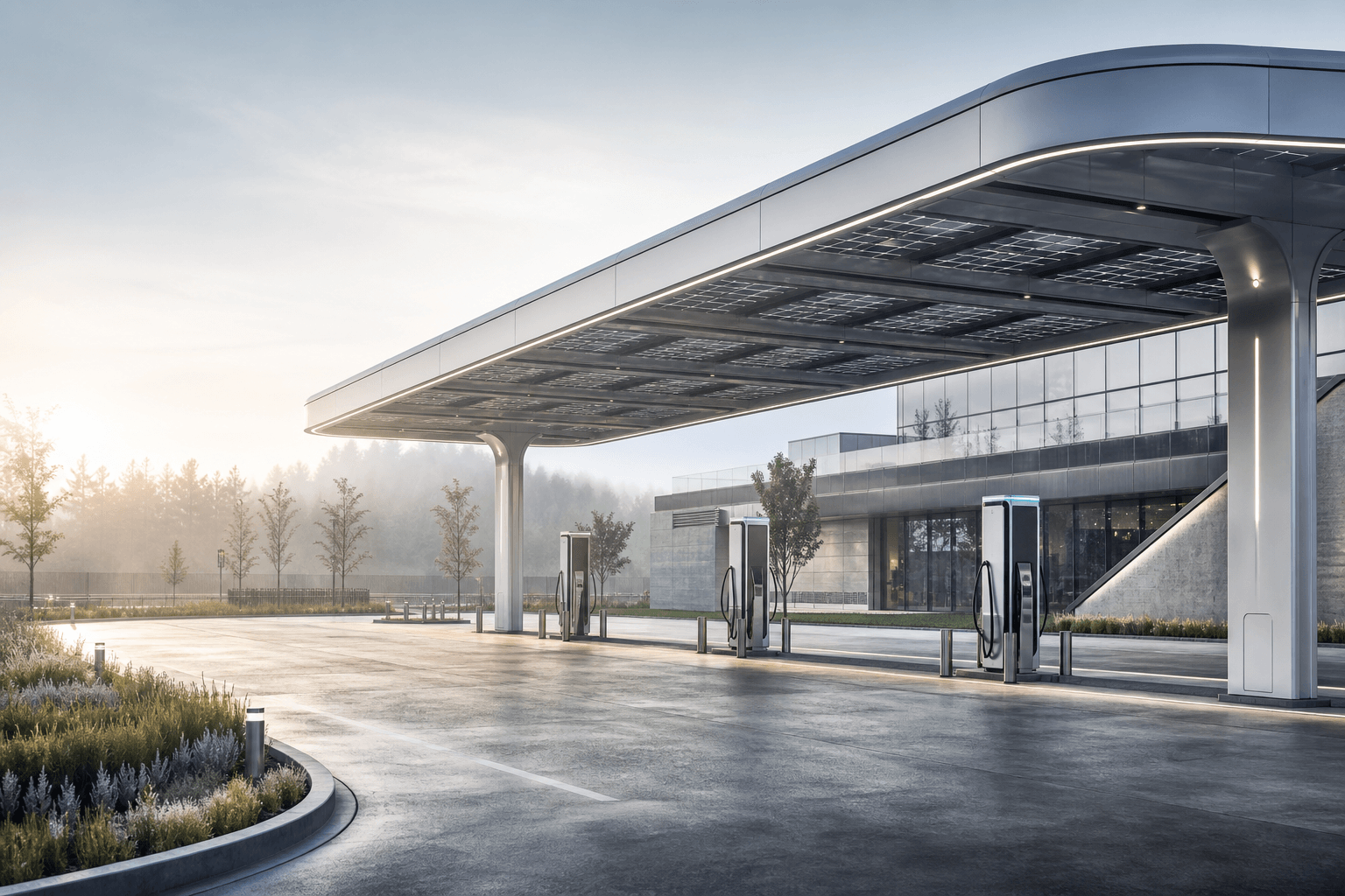 Commercial charging and energy infrastructure at a modern building